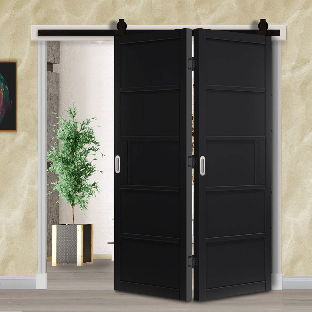 SpaceEasi Top Mounted Black Folding Track & Double Door - Industrial Metro Black Panel Internal Door - Prefinished