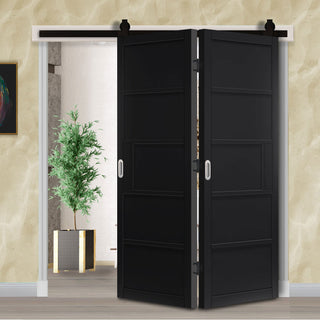 Image: SpaceEasi Top Mounted Black Folding Track & Double Door - Industrial Metro Black Panel Internal Door - Prefinished