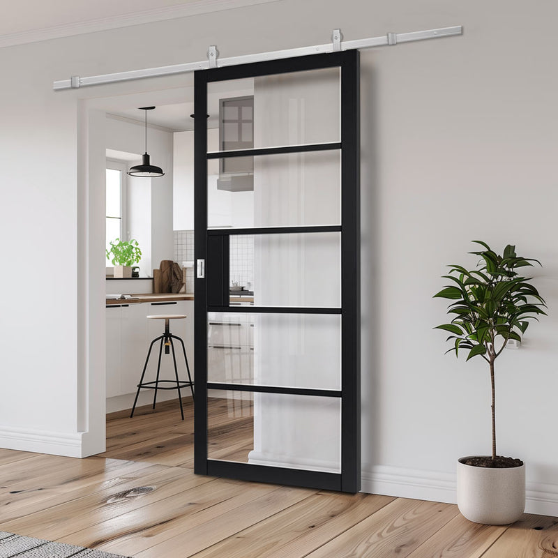 Top Mounted Stainless Steel Sliding Track & Door - Industrial Metro Black Internal Door - Clear Glass - Prefinished