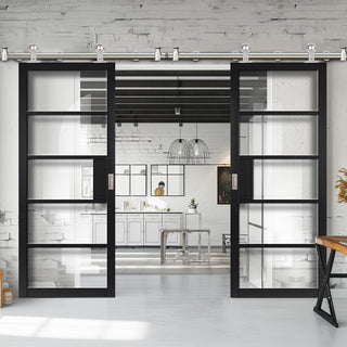 Image: Sirius Tubular Stainless Steel Sliding Track & Double Door - Industrial Metro Black Internal Door - Clear Glass - Prefinished