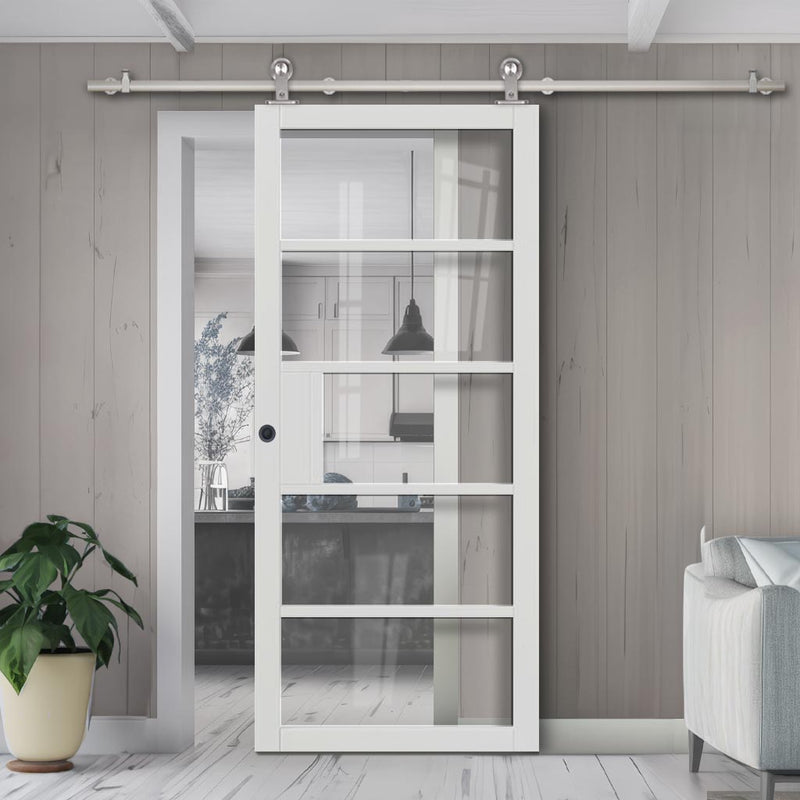 Sirius Tubular Stainless Steel Sliding Track & Door - Industrial Metro White Internal Door - Clear Glass - Prefinished