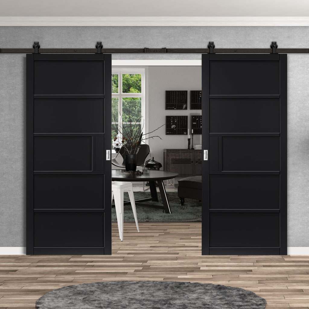 Top Mounted Black Sliding Track & Double Door - Industrial Metro Black Panel Internal Door - Prefinished