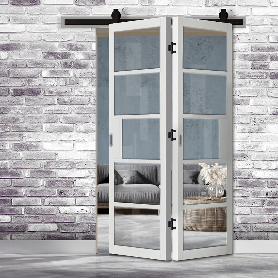 Sliding Top Mounted Black Folding Track & Double Door - Industrial Metro White Internal Door - Clear Glass - Prefinished