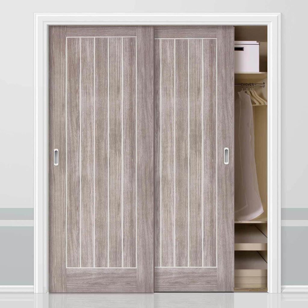 Minimalist Wardrobe Door & Frame Kit - Two Laminate Mexicano Light Grey Doors - Prefinished