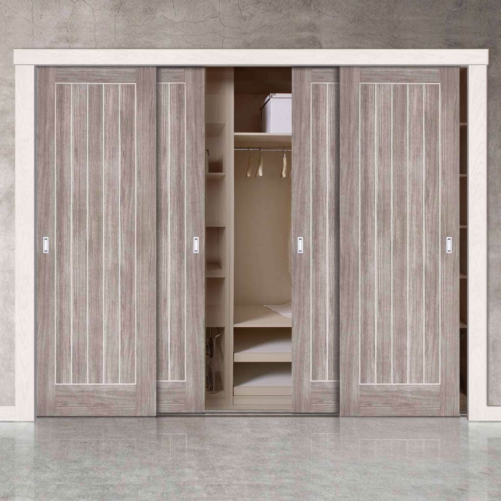 Minimalist Wardrobe Door & Frame Kit - Four Laminate Mexicano Light Grey Doors - Prefinished