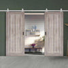 Top Mounted Stainless Steel Sliding Track & Double Door - Laminate Mexicano Light Grey Flush Doors - Prefinished