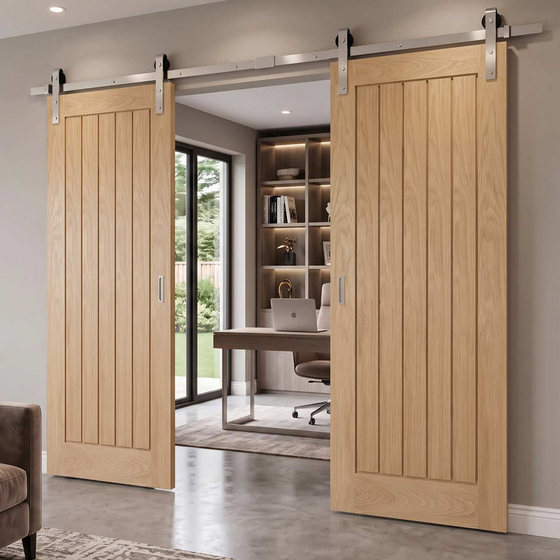 Double Sliding Door & Stainless Steel Barn Track - Mexicano Oak Doors - Prefinished