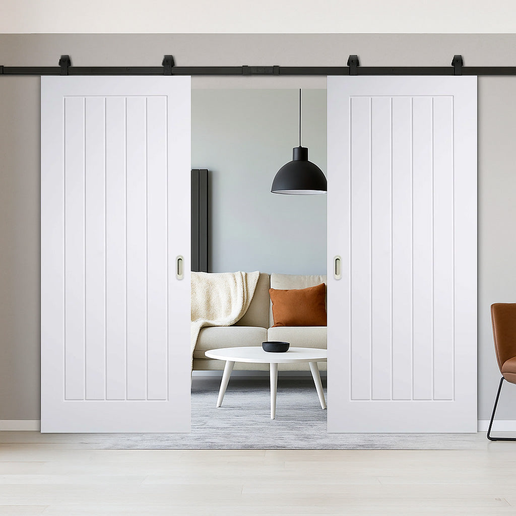 Top Mounted Black Sliding Track & Double Door - Mexicano Internal Door - Vertical Lining - White Primed