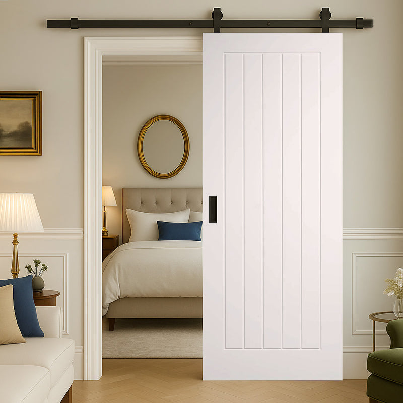 Top Mounted Black Sliding Track & Door - Mexicano White Primed Internal Door - Vertical Lining