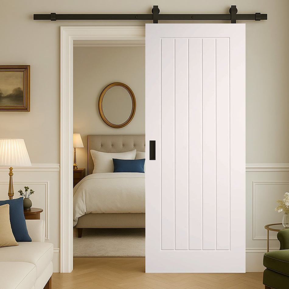 Top Mounted Black Sliding Track & Door - Mexicano White Primed Internal Door - Vertical Lining