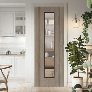 Image: Monaco Flush Light Grey Internal Door with Contrasting Lines - Clear Glass - Laminated