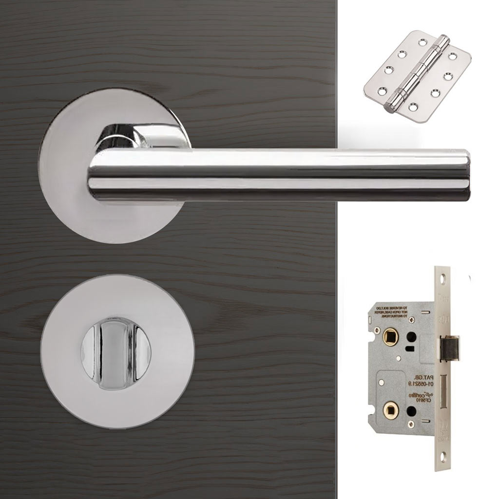 Monroe Door Lever Bathroom Handle Pack - 4 Radius Cornered Hinges - Polished Stainless Steel