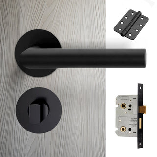 Image: Monroe Door Lever Bathroom Handle Pack - 4 Radius Cornered Hinges - Matt Black