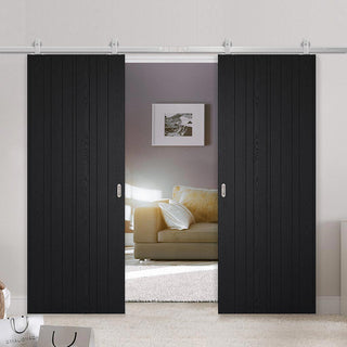 Image: Top Mounted Stainless Steel Sliding Track & Double Door - Montreal Flush Charcoal Doors - Prefinished