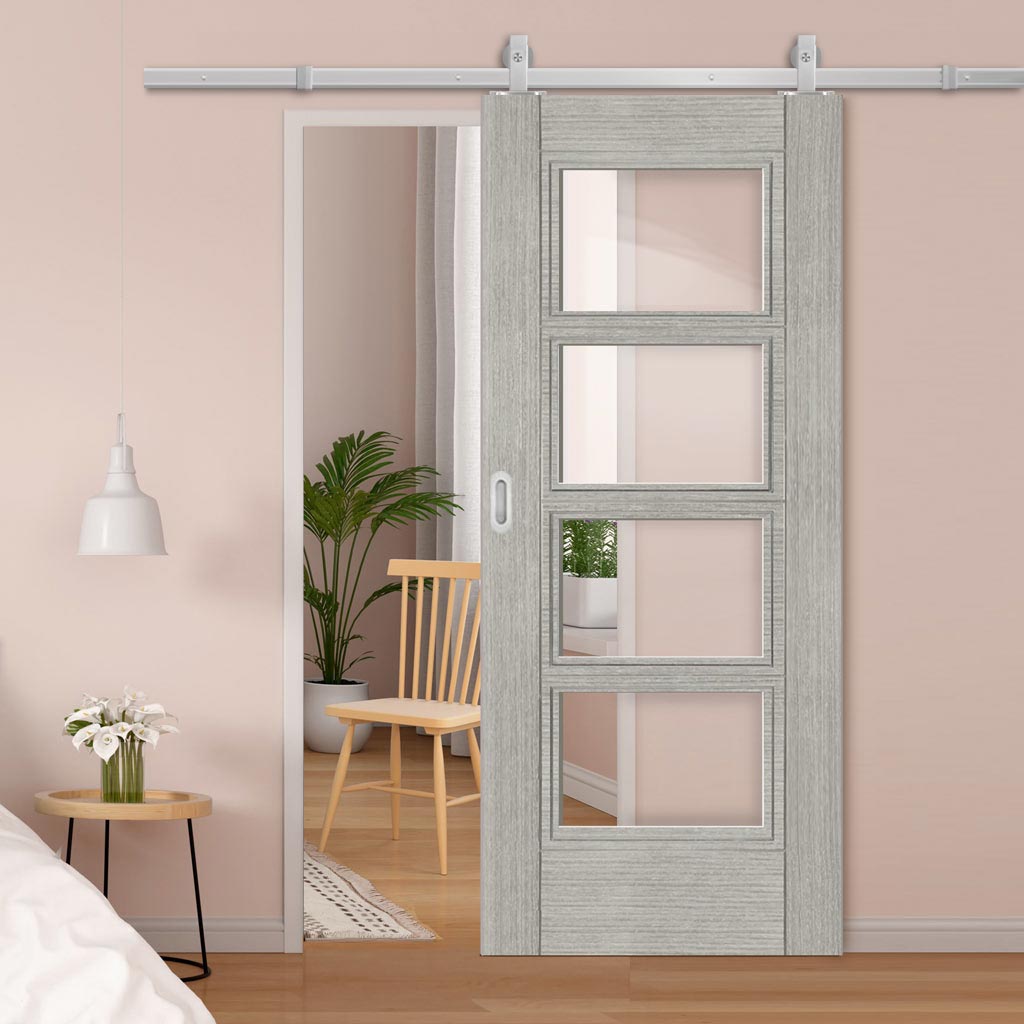 Top Mounted Stainless Steel Sliding Track & Montreal Prefinished Light Grey Ash Door - Clear Glass