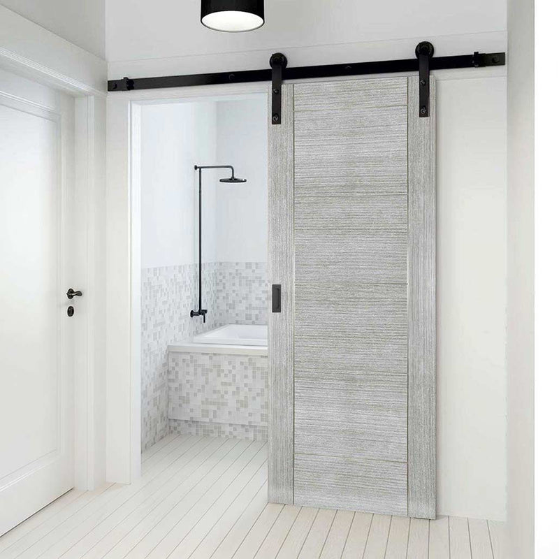 Single Sliding Door & Black Barn Track - Montreal Prefinished Light Grey Ash Door