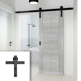 Image: Single Sliding Door & Black Barn Track - Montreal Prefinished Light Grey Ash Door