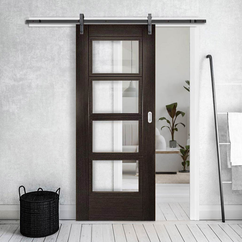 Single Sliding Door & Black Barn Track - Montreal Dark Grey Ash Door - Clear Safety Glass - Prefinished