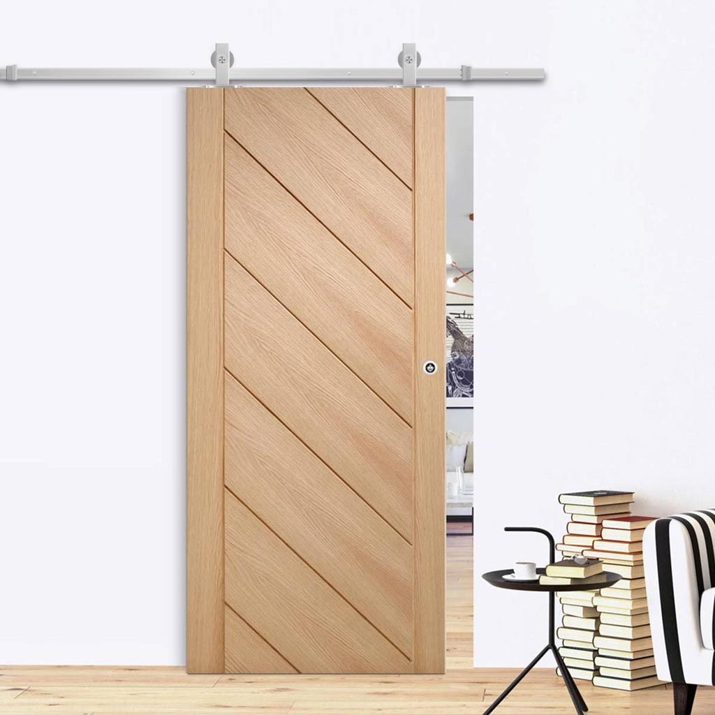 Top Mounted Stainless Steel Sliding Track & Door - Monza Oak Door - Unfinished