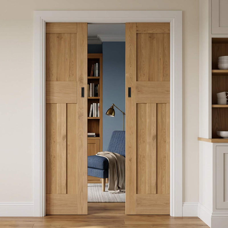 Rustic Oak 1930 DX Shaker Double Evokit Pocket Doors - Prefinished