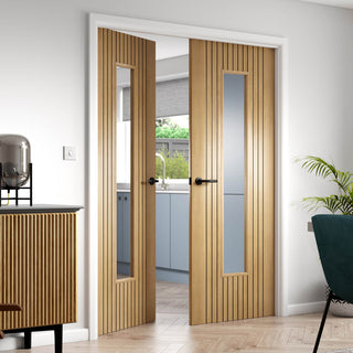 Image: J B Kind Laminates Aria Oak Coloured Glazed Internal Internal Door Pair - Clear Glass - Prefinished