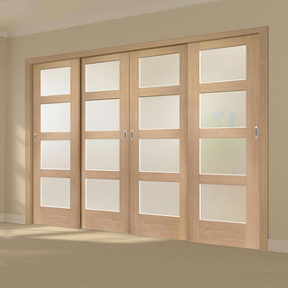 Image: Minimalist Wardrobe Door & Frame Kit - Four Shaker Oak 4 Pane Door - Obscure Glass - Prefinished