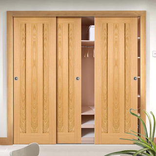 Image: Minimalist Wardrobe Door & Frame Kit - Three Idaho 3 Panel Oak Doors - Unfinished