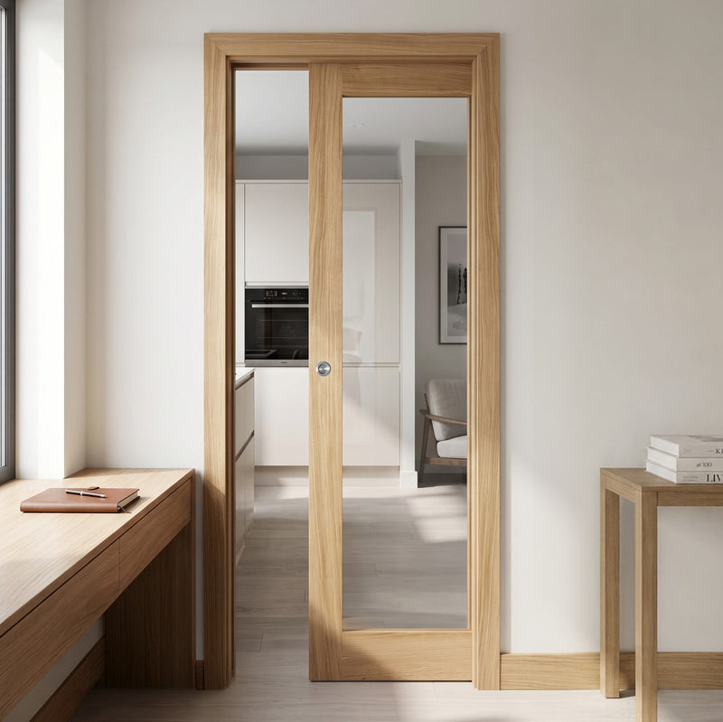 Pattern 10 Style Oak Single Evokit Pocket Door - Clear Glass - Unfinished