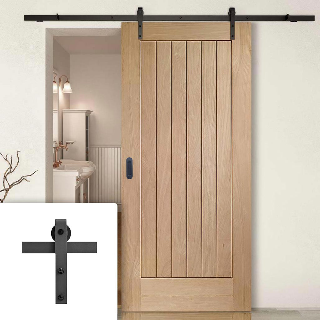 Single Sliding Door & Black Barn Track - Suffolk Oak Door - Prefinished