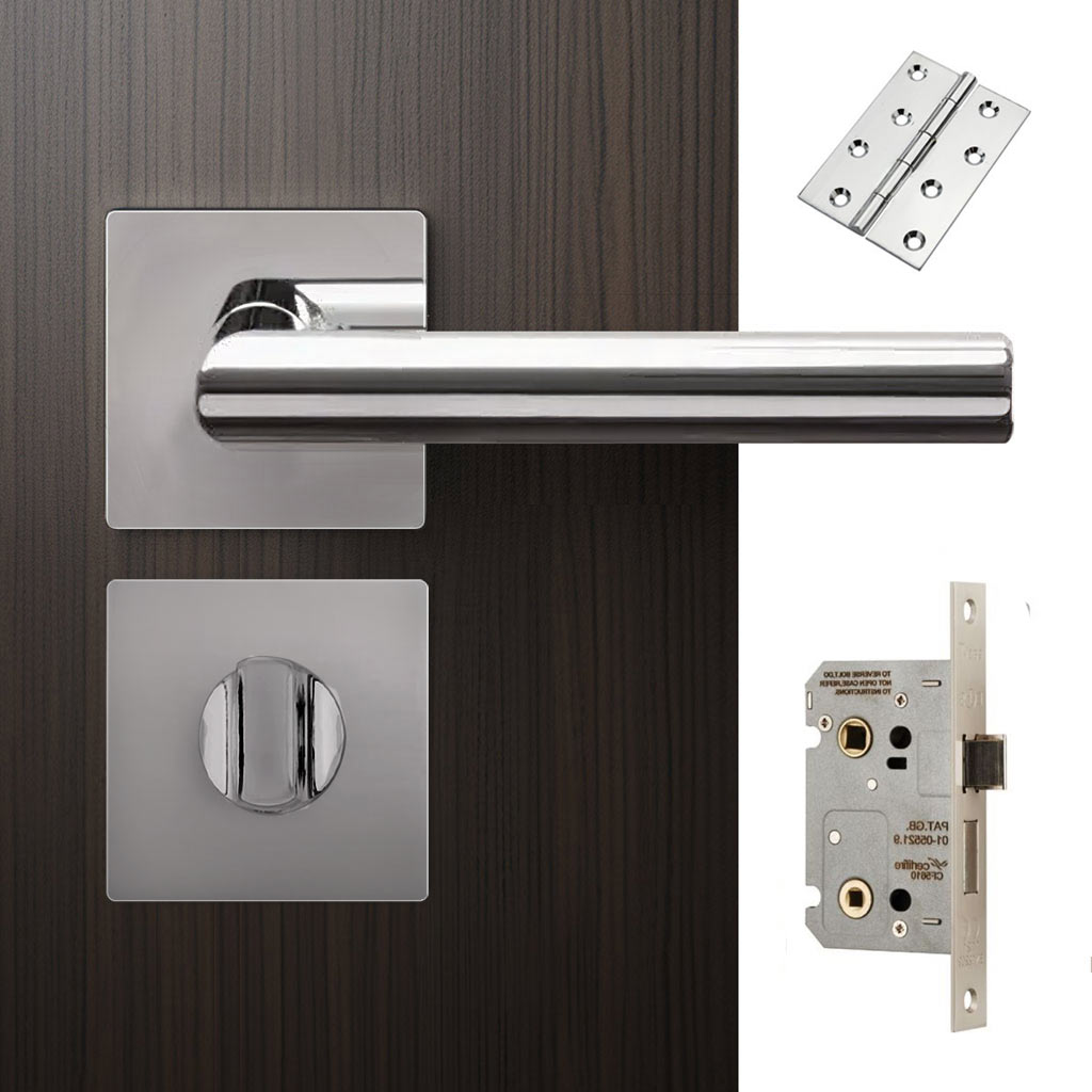 Orlando Door Lever Bathroom Handle Pack - 4 Square Hinges - Polished Stainless Steel