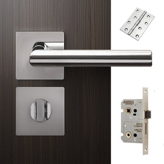 Image: Orlando Door Lever Bathroom Handle Pack - 4 Square Hinges - Polished Stainless Steel