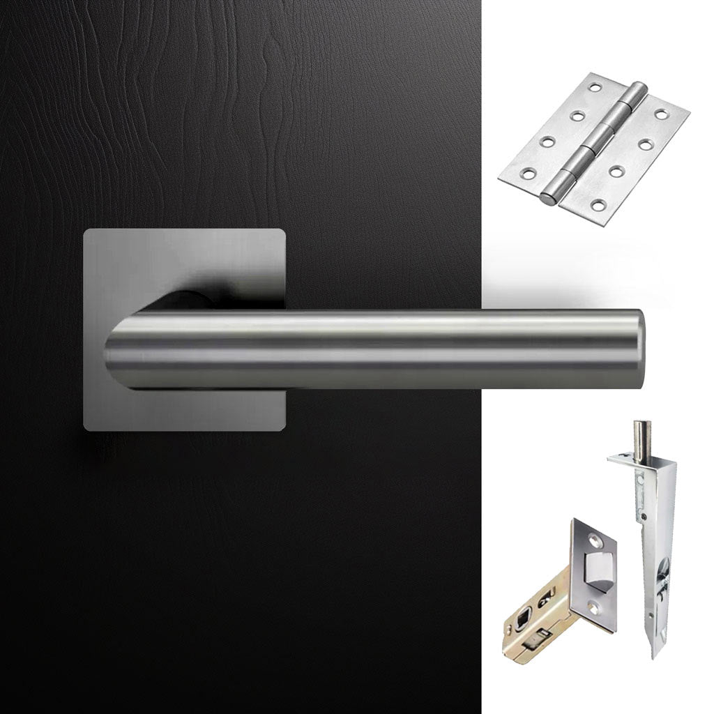 Orlando Double Door Lever Handle Pack - 6 Square Hinges - Satin Stainless Steel - Combo Handle and Accessory Pack