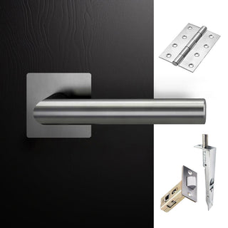 Image: Orlando Double Door Lever Handle Pack - 8 Square Hinges - Satin Stainless Steel - Combo Handle and Accessory Pack
