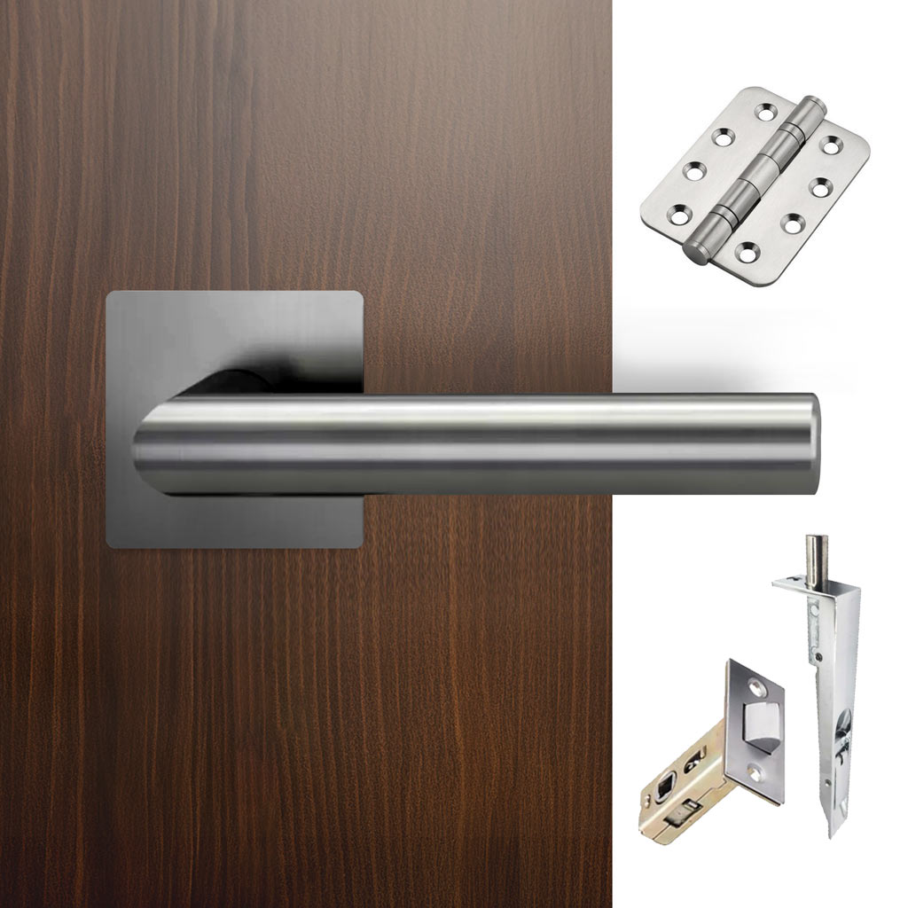 Orlando Double Door Lever Handle Pack - 6 Radius Cornered Hinges - Satin Stainless Steel - Combo Handle and Accessory Pack