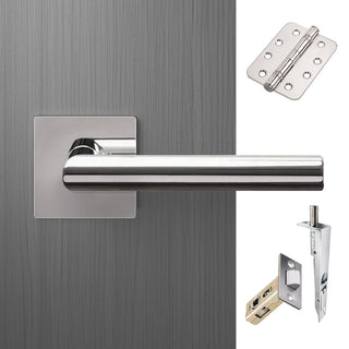 Image: Orlando Double Door Lever Handle Pack - 8 Radius Cornered Hinges - Polished Stainless Steel - Combo Handle and Accessory Pack