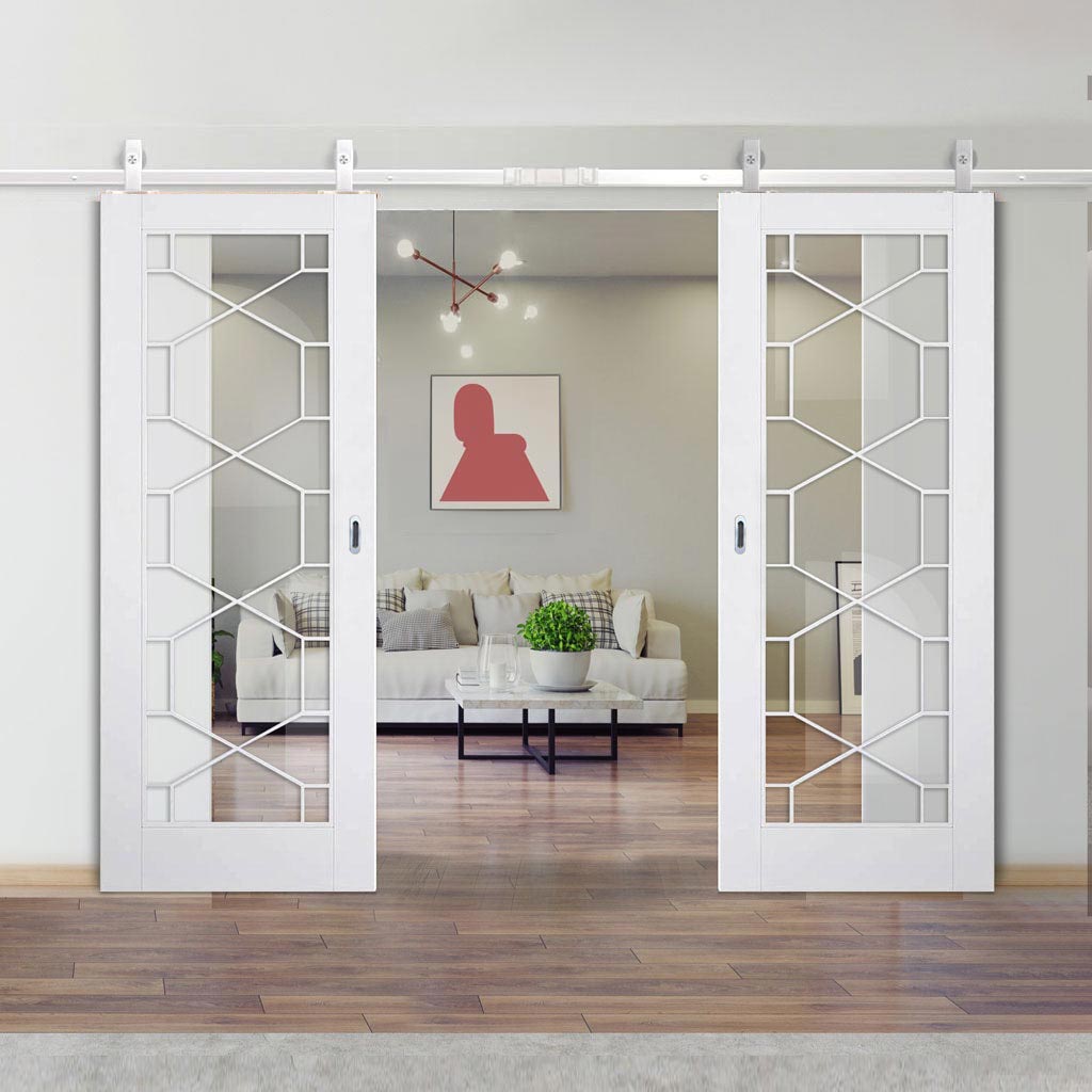 Top Mounted Stainless Steel Sliding Track & Double Door - Orly Doors - Clear Glass - White Primed