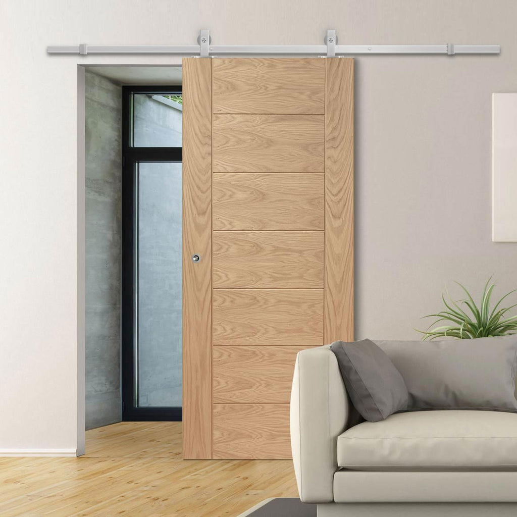 Top Mounted Stainless Steel Sliding Track & Door - Palermo Essential Oak Door - Unfinished