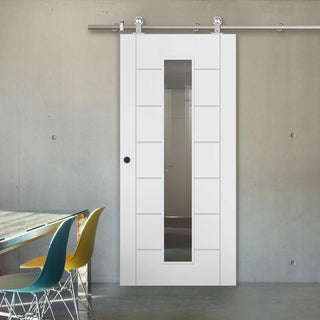 Image: Sirius Tubular Stainless Steel Sliding Track & Palermo 1 Pane Flush Door - Clear Glass - White Primed