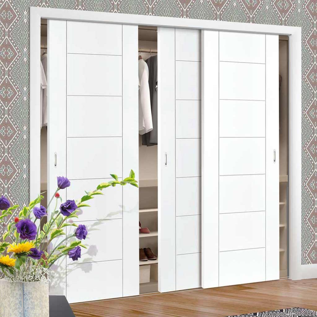 Minimalist Wardrobe Door & Frame Kit - Three Palermo Flush Doors - White Primed