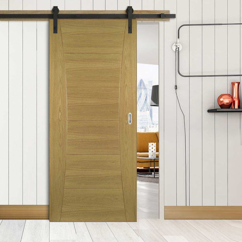 Single Sliding Door & Black Barn Track - Pamplona Oak Flush Door - Prefinished