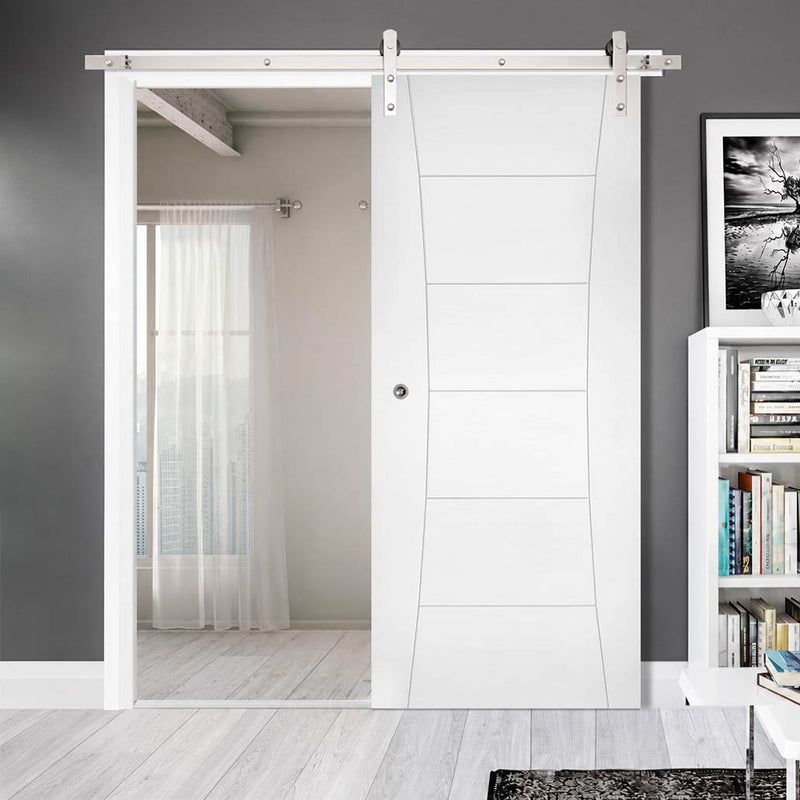 Single Sliding Door & Stainless Barn Steel Track - Pamplona White Primed Flush Door
