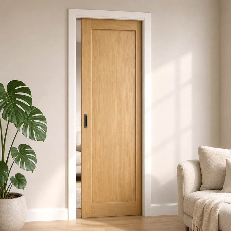 Pattern 10 Style Panel Oak Single Evokit Pocket Door - Unfinished