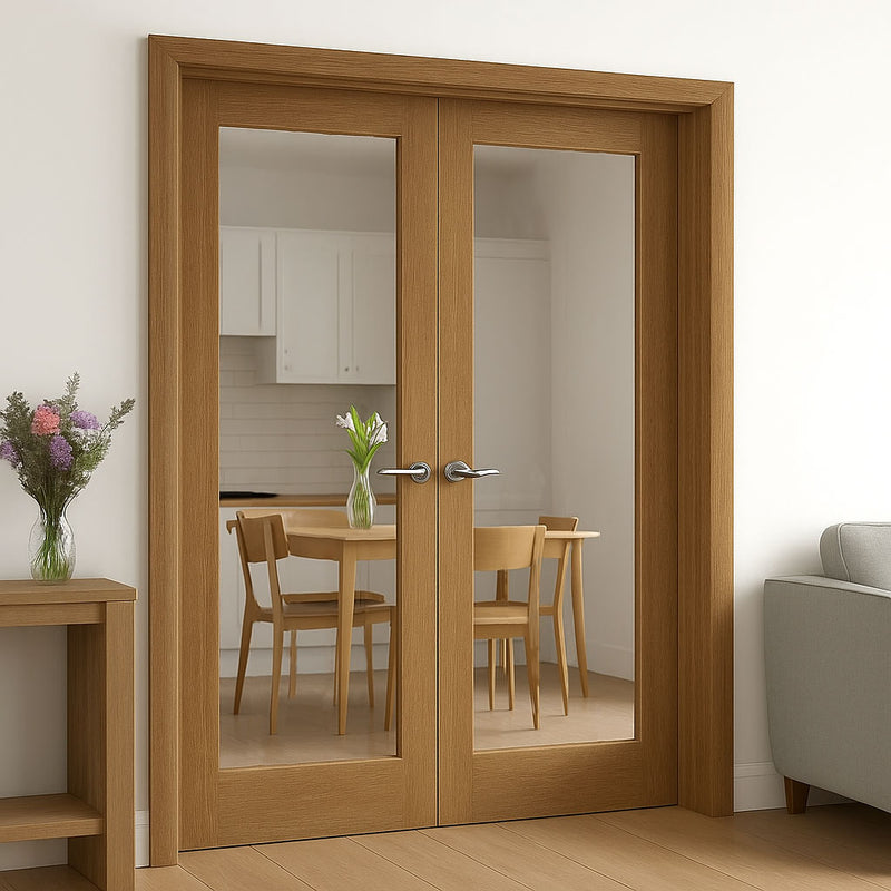 Pattern 10 Oak Internal Door Pair - Clear Glass - Unfinished