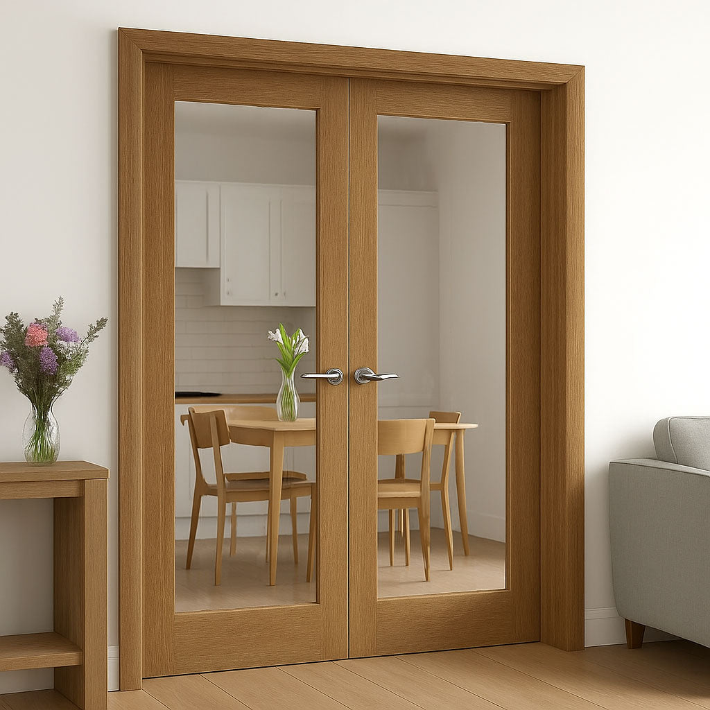 Pattern 10 Oak Internal Door Pair - Clear Glass - Unfinished