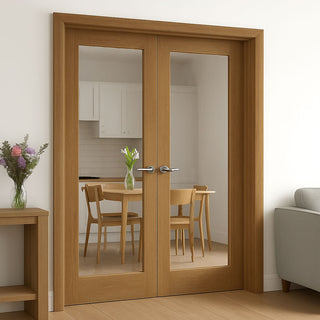 Image: Pattern 10 Oak Internal Door Pair - Clear Glass - Unfinished