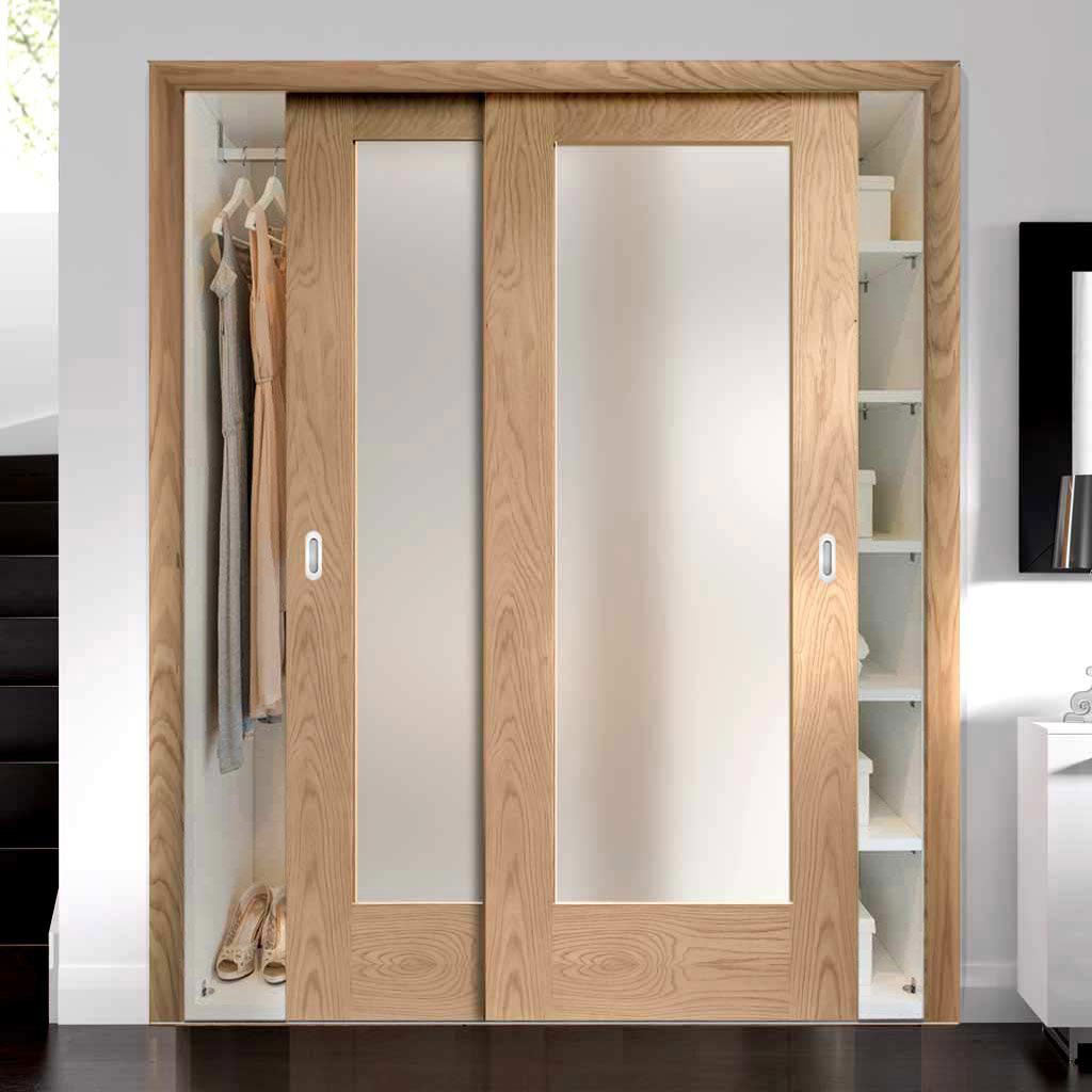 Minimalist Wardrobe Door & Frame Kit - Two Pattern 10 Oak Shaker Doors - Obscure Glass - Prefinished