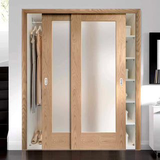 Image: Minimalist Wardrobe Door & Frame Kit - Two Pattern 10 Oak Shaker Doors - Obscure Glass - Prefinished