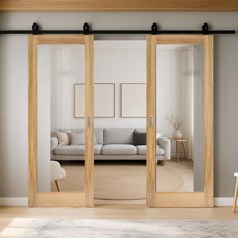 Top Mounted Black Sliding Track & Double Door - Pattern 10 Style Oak Internal Door - Clear Glass