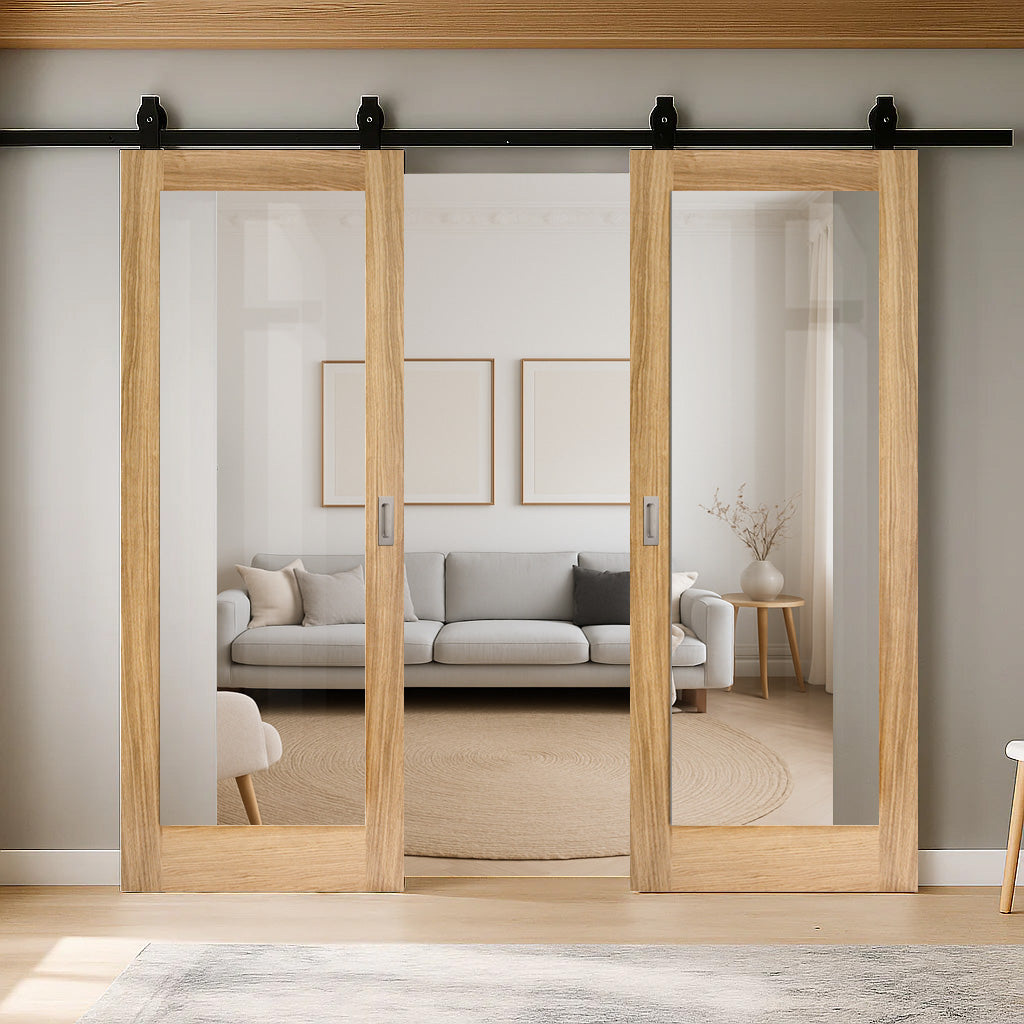 Top Mounted Black Sliding Track & Double Door - Pattern 10 Style Oak Internal Door - Clear Glass