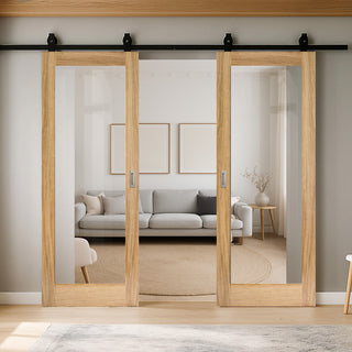 Image: Top Mounted Black Sliding Track & Double Door - Pattern 10 Style Oak Internal Door - Clear Glass